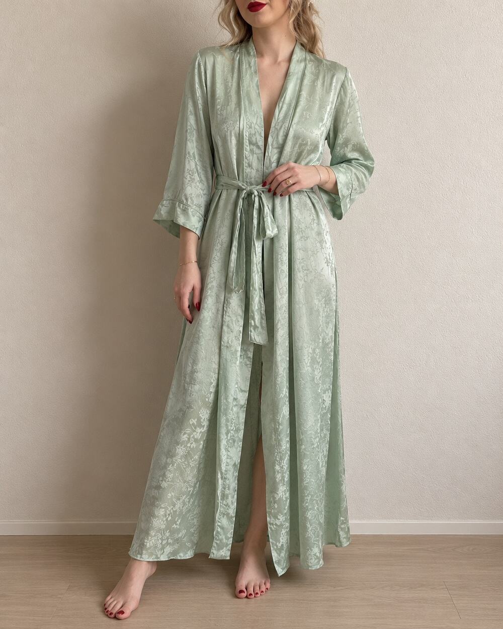 Vintage 90s Valerie Stevens 100% Silk Mint Green Jacquard Long Kimono Robe Earth